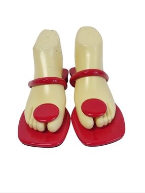 Red Toe Ring Sandals Ankle Strap Square Toe Low Heel Women’s Size 240 US 7